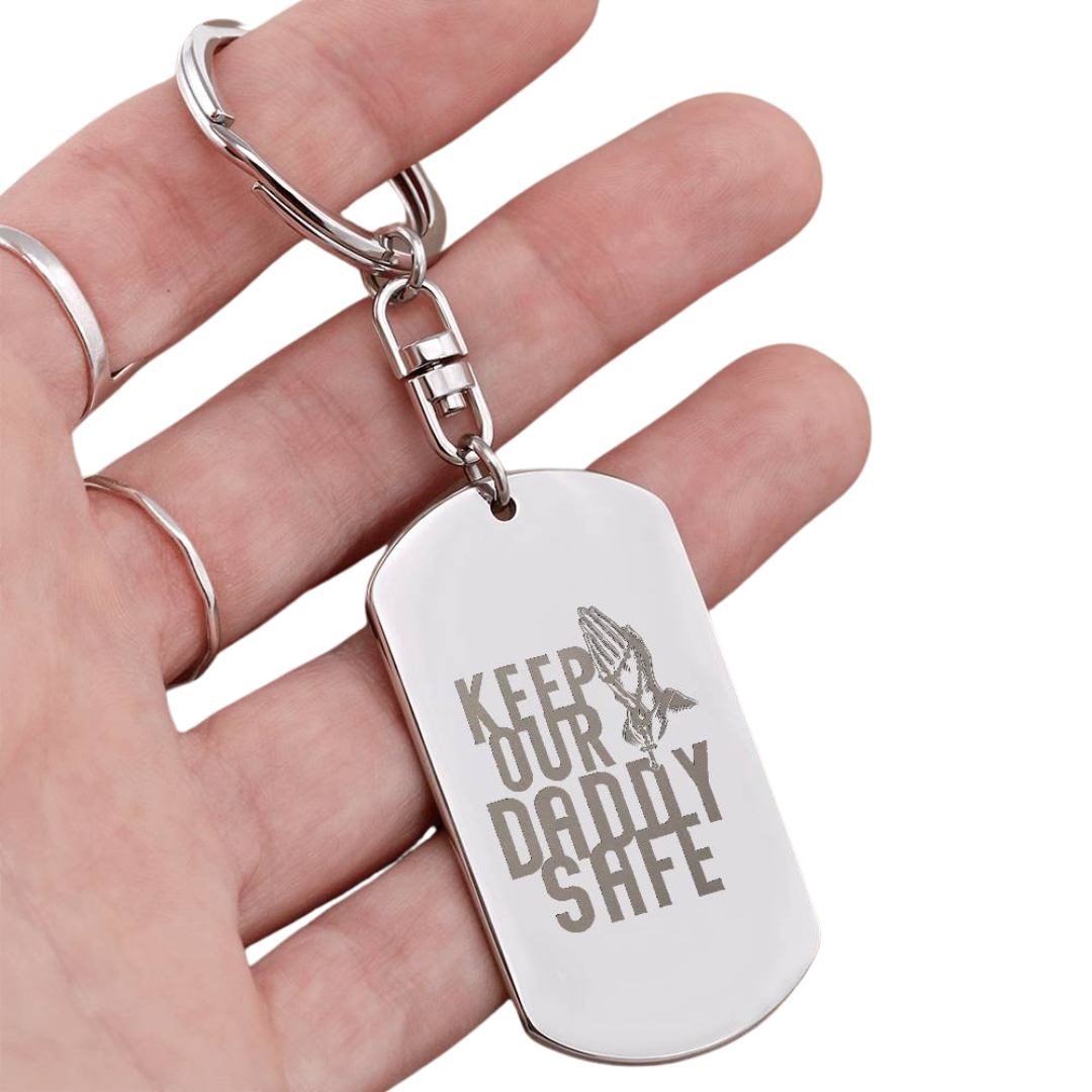 Create a unique keepsake with our Engraved Dog Tag Keychain. This high-quality stainless steel piece can be customized on the back in a scripted font, with 2 lines of text, up to 20 characters each.