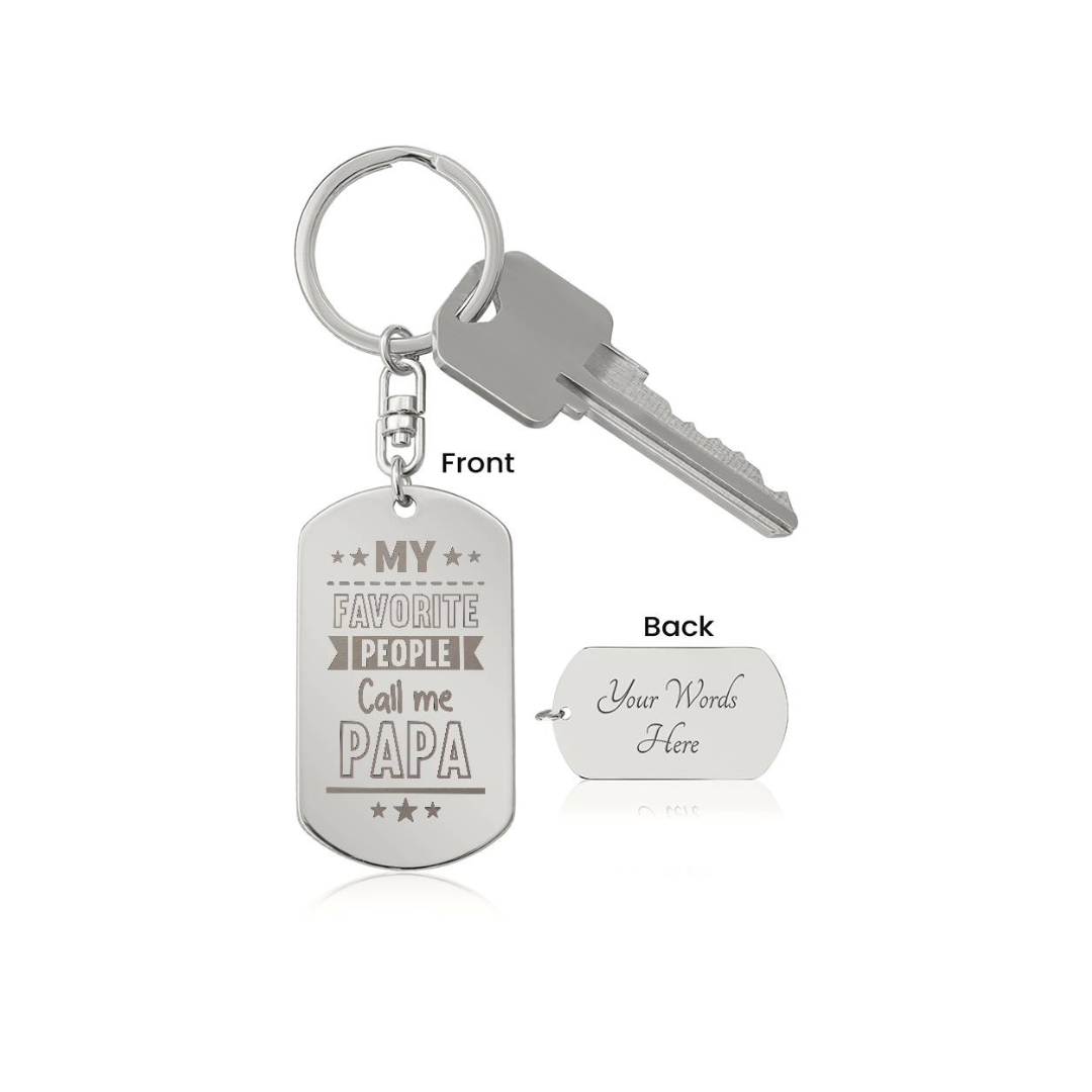 Create a unique keepsake with our Engraved Dog Tag Keychain. This high-quality stainless steel piece can be customized on the back in a scripted font, with 2 lines of text, up to 20 characters each.