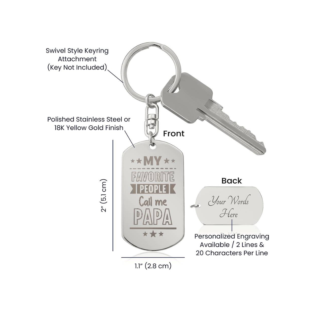 Create a unique keepsake with our Engraved Dog Tag Keychain. This high-quality stainless steel piece can be customized on the back in a scripted font, with 2 lines of text, up to 20 characters each.
