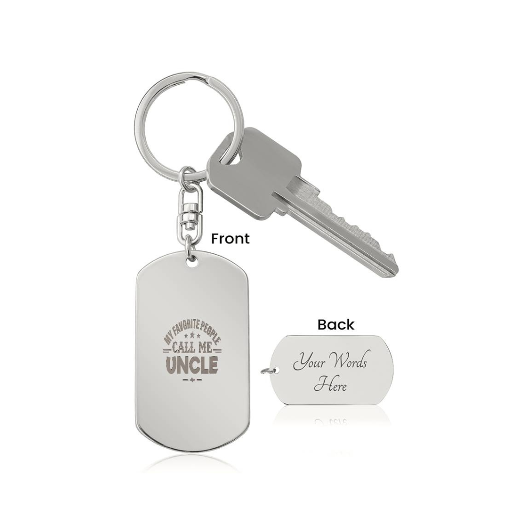 Create a unique keepsake with our Engraved Dog Tag Keychain. This high-quality stainless steel piece can be customized on the back in a scripted font, with 2 lines of text, up to 20 characters each.