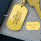 Create a unique keepsake with our Engraved Dog Tag Keychain. This high-quality stainless steel piece can be customized on the back in a scripted font, with 2 lines of text, up to 20 characters each.