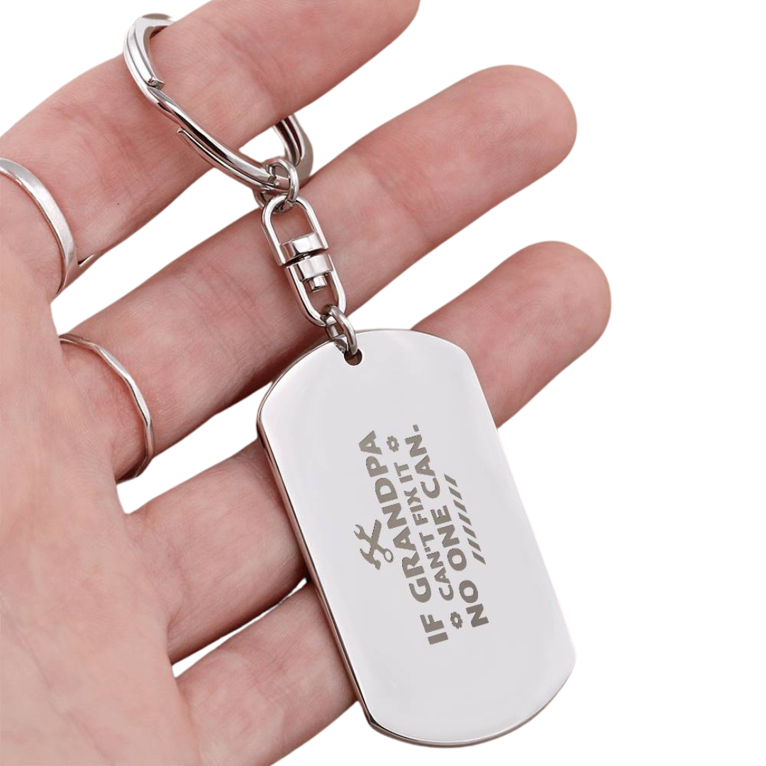 Create a unique keepsake with our Engraved Dog Tag Keychain. This high-quality stainless steel piece can be customized on the back in a scripted font, with 2 lines of text, up to 20 characters each.