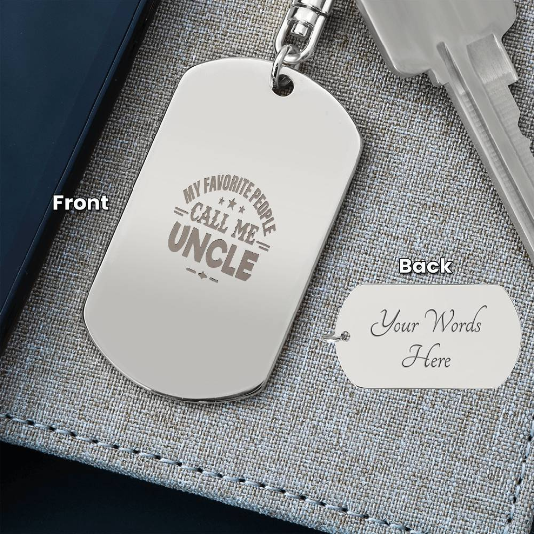 Create a unique keepsake with our Engraved Dog Tag Keychain. This high-quality stainless steel piece can be customized on the back in a scripted font, with 2 lines of text, up to 20 characters each.