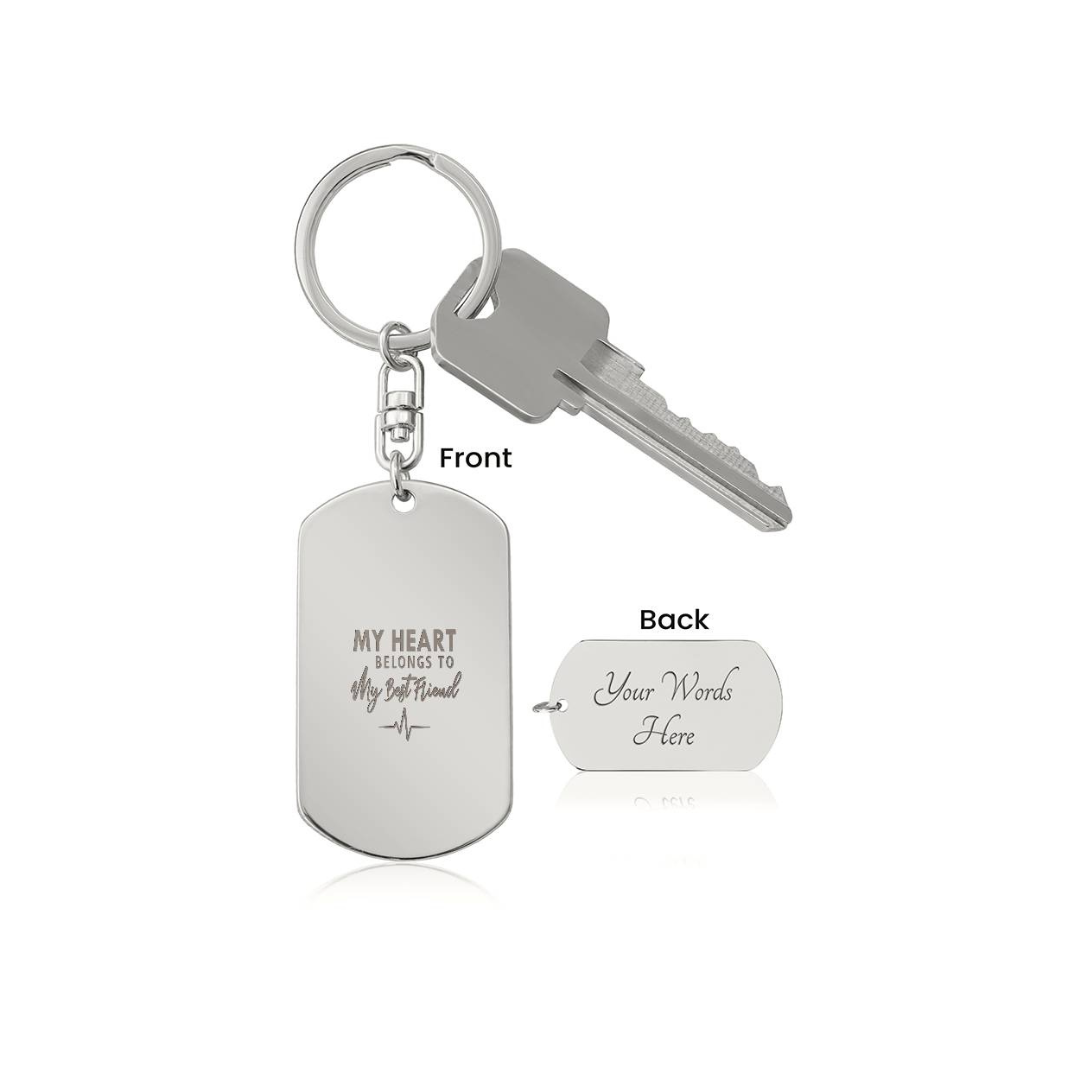Create a unique keepsake with our Engraved Dog Tag Keychain. This high-quality stainless steel piece can be customized on the back in a scripted font, with 2 lines of text, up to 20 characters each.