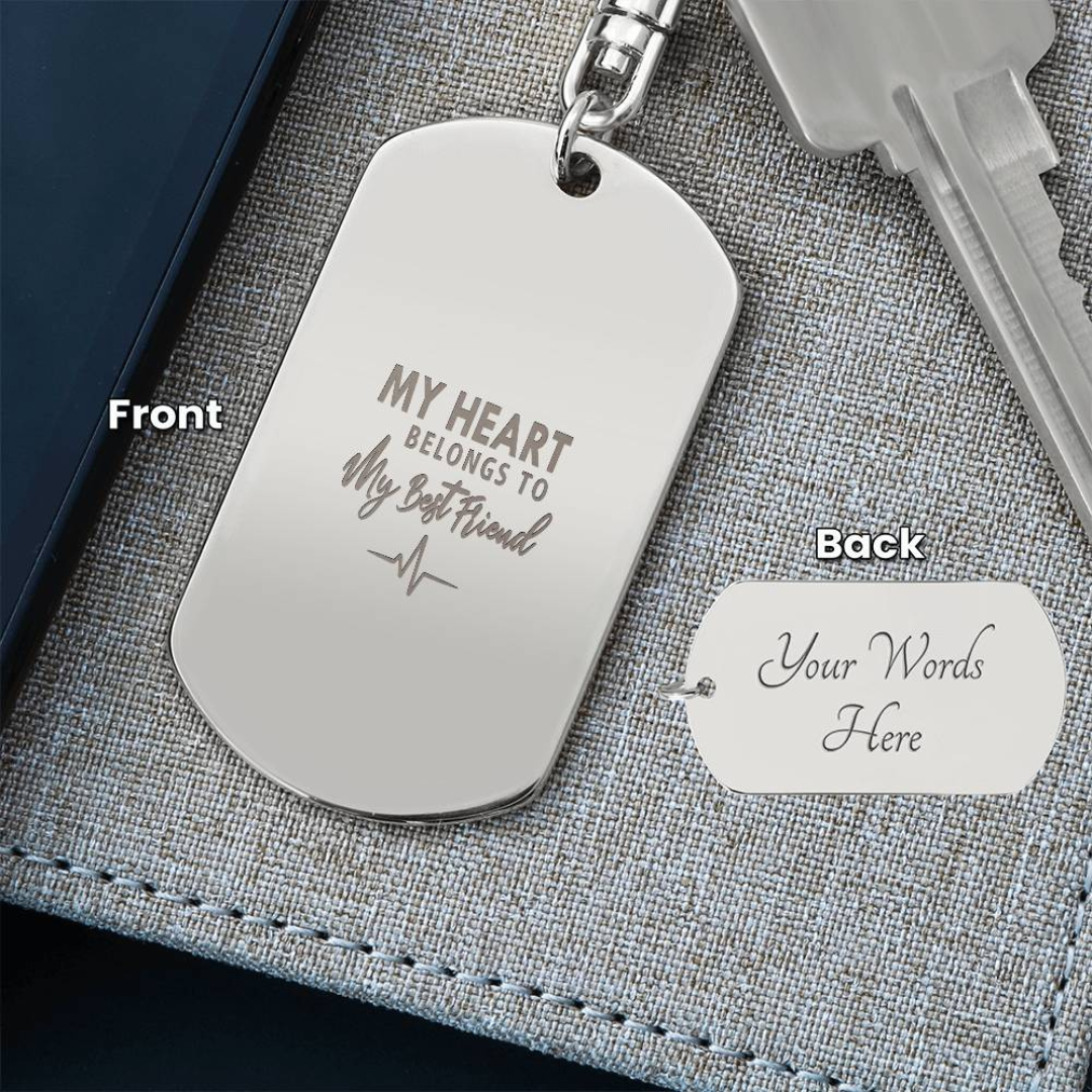 Create a unique keepsake with our Engraved Dog Tag Keychain. This high-quality stainless steel piece can be customized on the back in a scripted font, with 2 lines of text, up to 20 characters each.