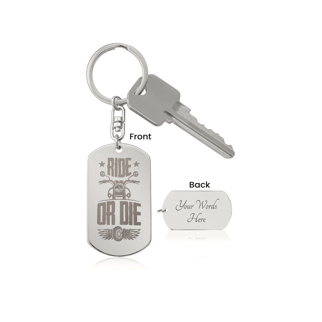 Create a unique keepsake with our Engraved Dog Tag Keychain. This high-quality stainless steel piece can be customized on the back in a scripted font, with 2 lines of text, up to 20 characters each.