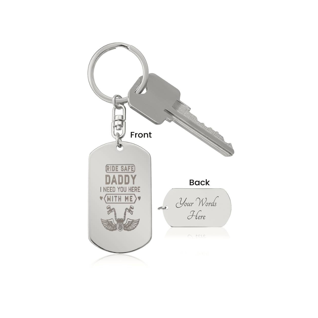 Create a unique keepsake with our Engraved Dog Tag Keychain. This high-quality stainless steel piece can be customized on the back in a scripted font, with 2 lines of text, up to 20 characters each.