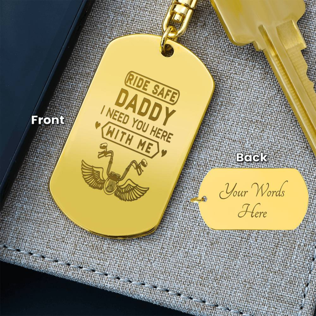 Create a unique keepsake with our Engraved Dog Tag Keychain. This high-quality stainless steel piece can be customized on the back in a scripted font, with 2 lines of text, up to 20 characters each.