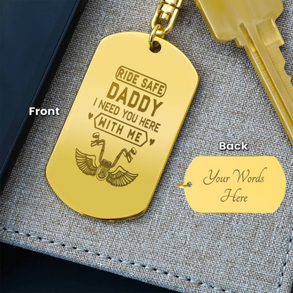 Create a unique keepsake with our Engraved Dog Tag Keychain. This high-quality stainless steel piece can be customized on the back in a scripted font, with 2 lines of text, up to 20 characters each.