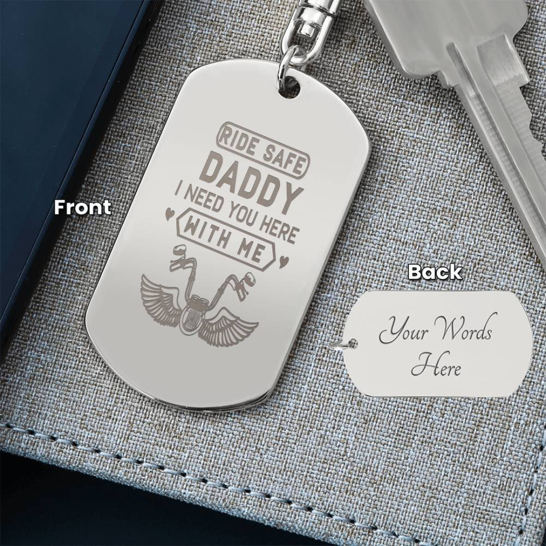 Create a unique keepsake with our Engraved Dog Tag Keychain. This high-quality stainless steel piece can be customized on the back in a scripted font, with 2 lines of text, up to 20 characters each.