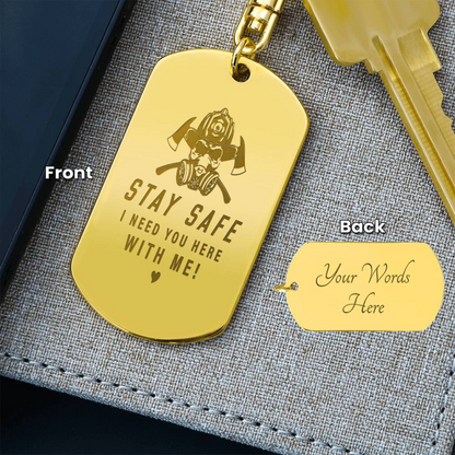 Create a unique keepsake with our Engraved Dog Tag Keychain. This high-quality stainless steel piece can be customized on the back in a scripted font, with 2 lines of text, up to 20 characters each.