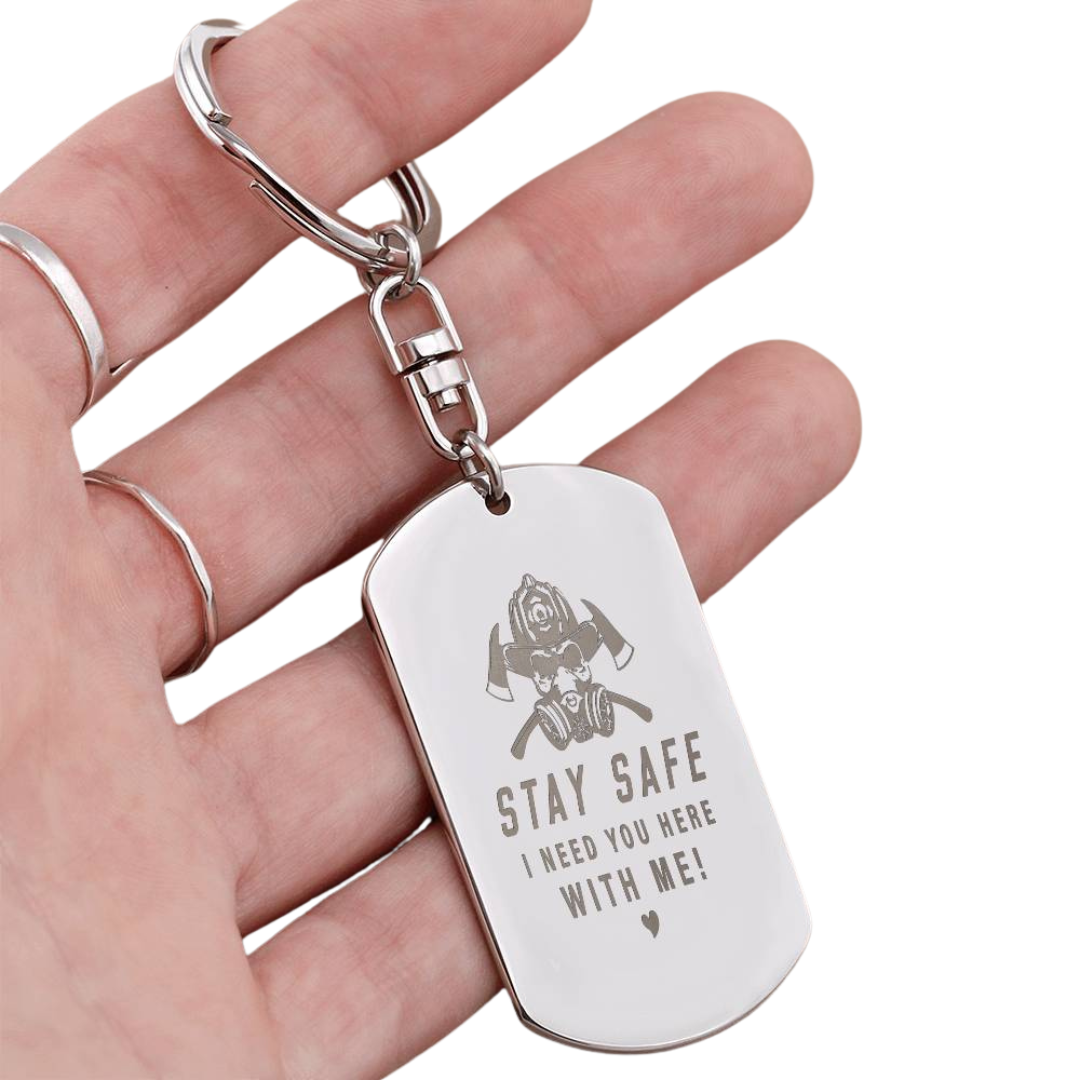 Create a unique keepsake with our Engraved Dog Tag Keychain. This high-quality stainless steel piece can be customized on the back in a scripted font, with 2 lines of text, up to 20 characters each.