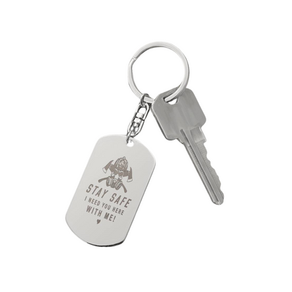Create a unique keepsake with our Engraved Dog Tag Keychain. This high-quality stainless steel piece can be customized on the back in a scripted font, with 2 lines of text, up to 20 characters each.