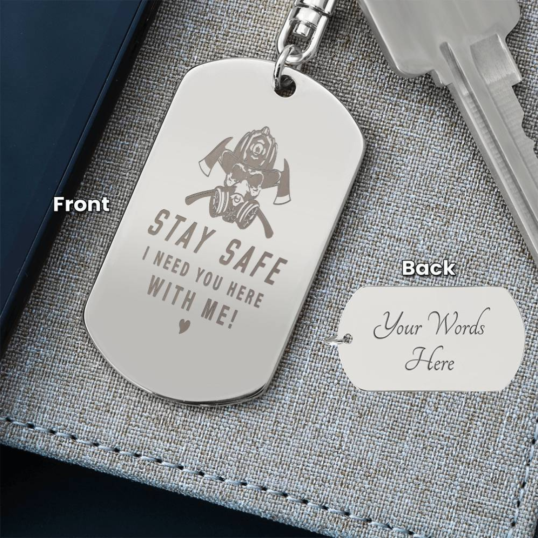 Create a unique keepsake with our Engraved Dog Tag Keychain. This high-quality stainless steel piece can be customized on the back in a scripted font, with 2 lines of text, up to 20 characters each.