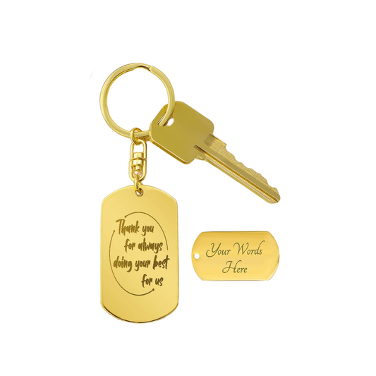 Create a unique keepsake with our Engraved Dog Tag Keychain. This high-quality stainless steel piece can be customized on the back in a scripted font, with 2 lines of text, up to 20 characters each.