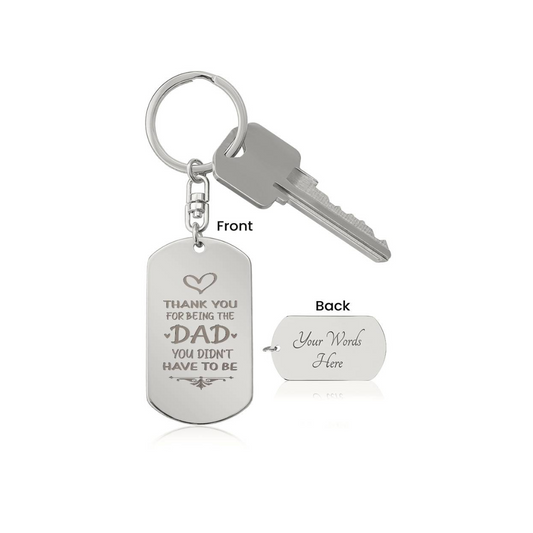 Create a unique keepsake with our Engraved Dog Tag Keychain. This high-quality stainless steel piece can be customized on the back in a scripted font, with 2 lines of text, up to 20 characters each.