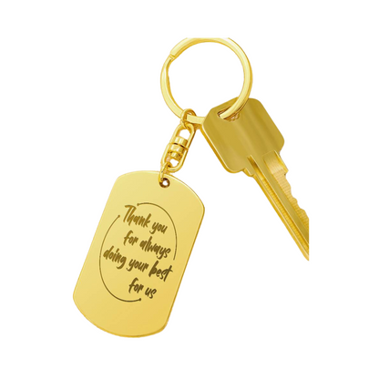 Create a unique keepsake with our Engraved Dog Tag Keychain. This high-quality stainless steel piece can be customized on the back in a scripted font, with 2 lines of text, up to 20 characters each.