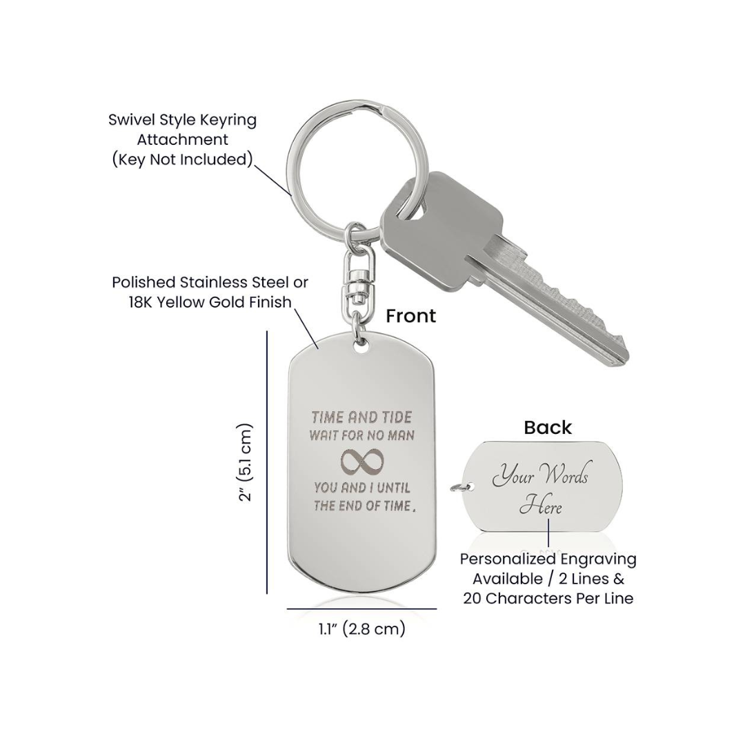 Create a unique keepsake with our Engraved Dog Tag Keychain. This high-quality stainless steel piece can be customized on the back in a scripted font, with 2 lines of text, up to 20 characters each.