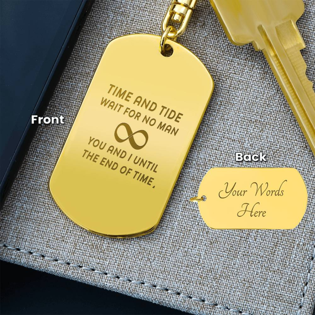 Create a unique keepsake with our Engraved Dog Tag Keychain. This high-quality stainless steel piece can be customized on the back in a scripted font, with 2 lines of text, up to 20 characters each.