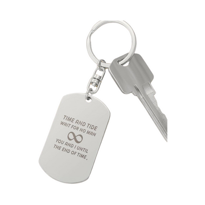 Create a unique keepsake with our Engraved Dog Tag Keychain. This high-quality stainless steel piece can be customized on the back in a scripted font, with 2 lines of text, up to 20 characters each.