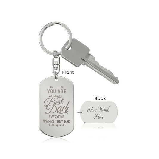 This attractive Engraved Dog Tag Keychain is the perfect gift for a loved one on the go, keeping their keys safe in one spot! Customize the gift even more with a special message or date to the backside for an added personal touch. Made from polished stainless steel and available in 18K yellow gold finish. Your piece is lovingly packaged and shipped in a complimentary gift box for easy gifting.