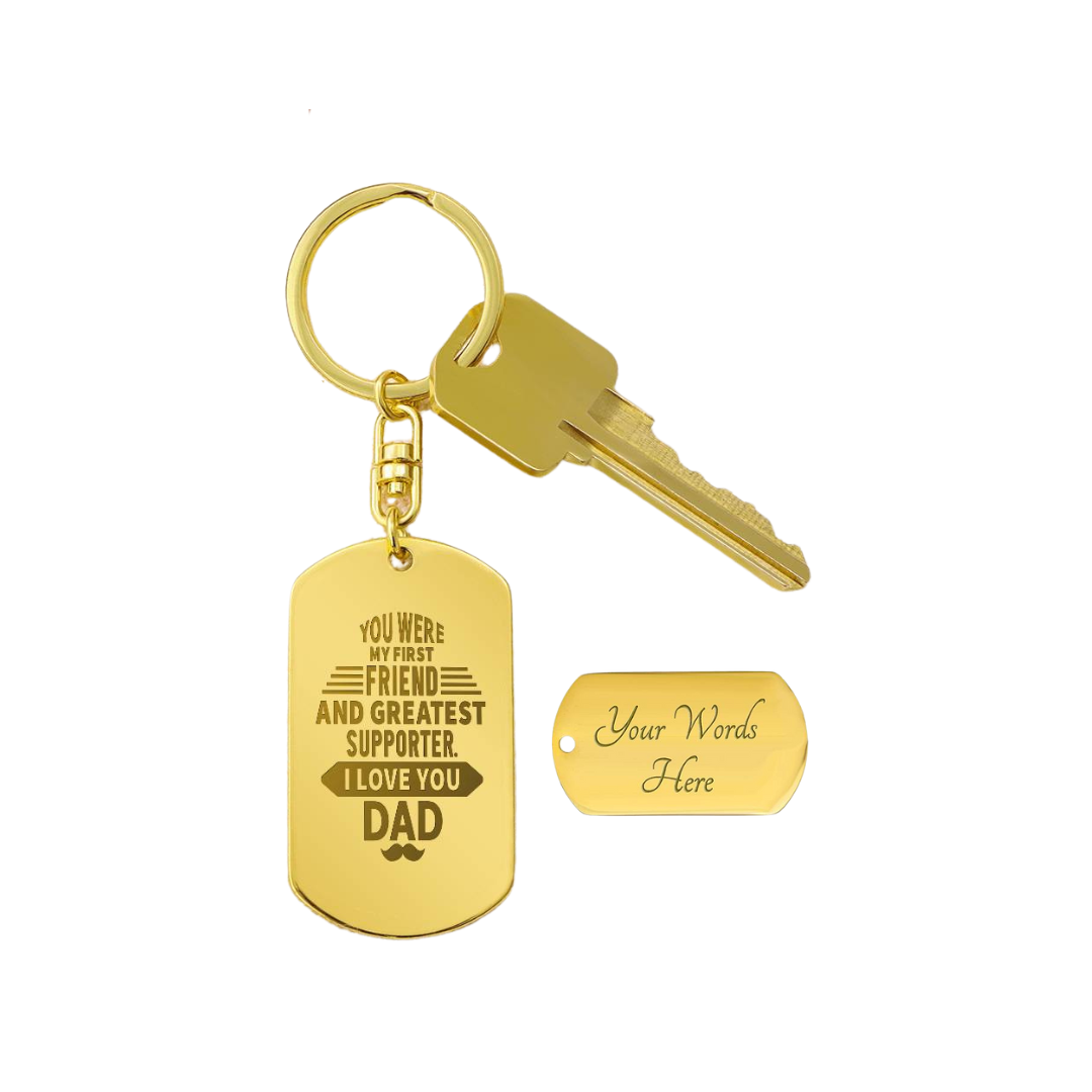 Create a unique keepsake with our Engraved Dog Tag Keychain. This high-quality stainless steel piece can be customized on the back in a scripted font, with 2 lines of text, up to 20 characters each.