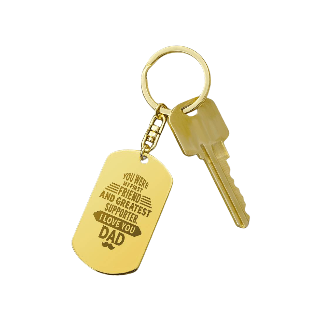 Create a unique keepsake with our Engraved Dog Tag Keychain. This high-quality stainless steel piece can be customized on the back in a scripted font, with 2 lines of text, up to 20 characters each.