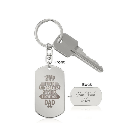 Create a unique keepsake with our Engraved Dog Tag Keychain. This high-quality stainless steel piece can be customized on the back in a scripted font, with 2 lines of text, up to 20 characters each.