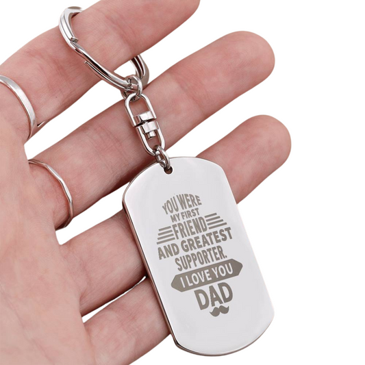 Create a unique keepsake with our Engraved Dog Tag Keychain. This high-quality stainless steel piece can be customized on the back in a scripted font, with 2 lines of text, up to 20 characters each.