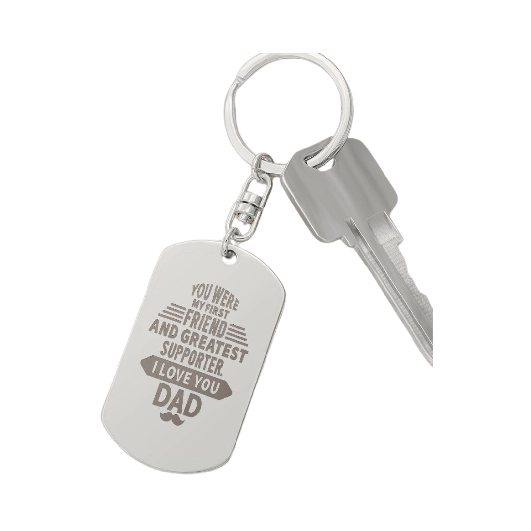 Create a unique keepsake with our Engraved Dog Tag Keychain. This high-quality stainless steel piece can be customized on the back in a scripted font, with 2 lines of text, up to 20 characters each.