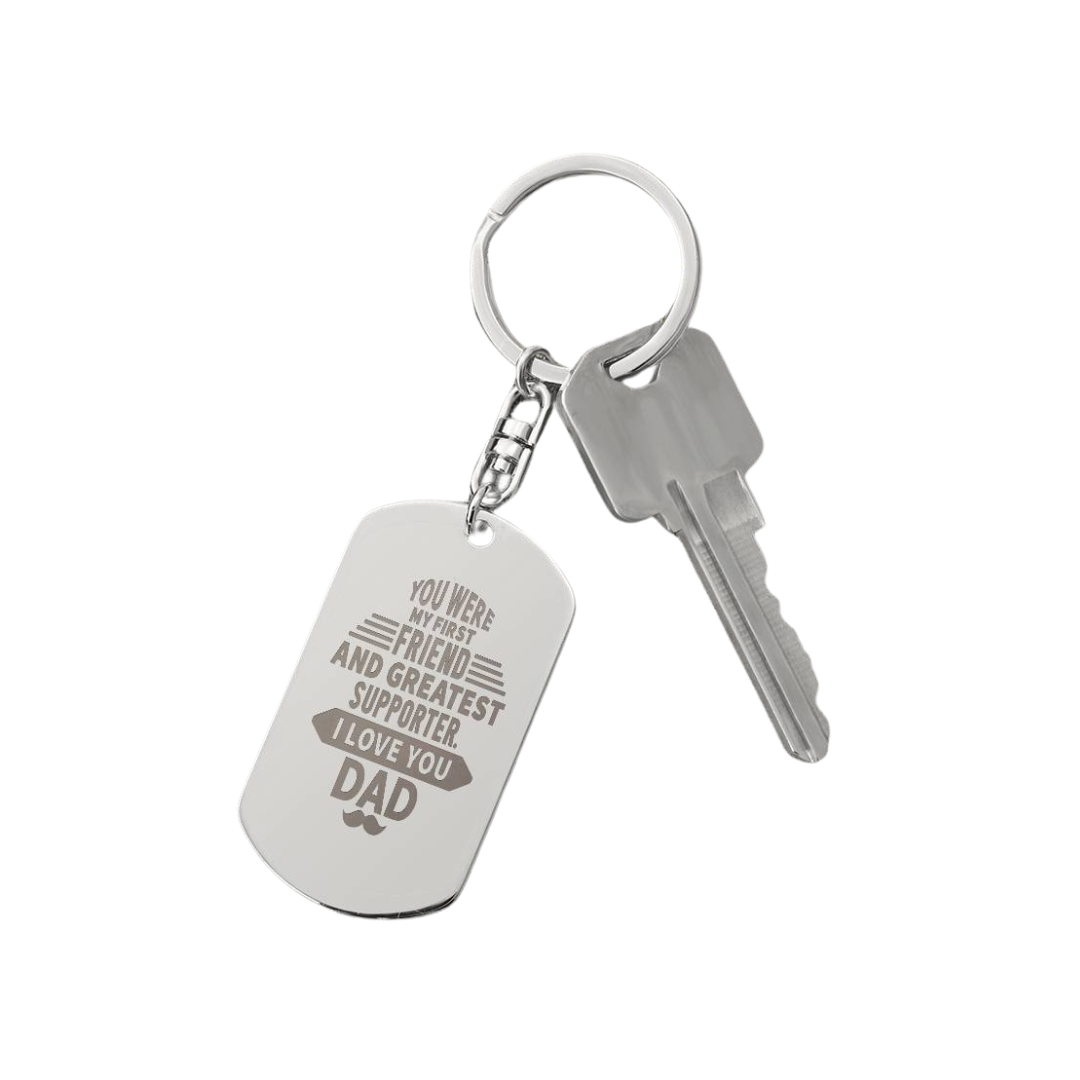 Create a unique keepsake with our Engraved Dog Tag Keychain. This high-quality stainless steel piece can be customized on the back in a scripted font, with 2 lines of text, up to 20 characters each.