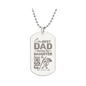 A silver stainless steel engraved dog tag necklace with the text 'THE BEST DAD TEACHES HIS DAUGHTER HOW TO FIGHT' and a small illustration of a fish.