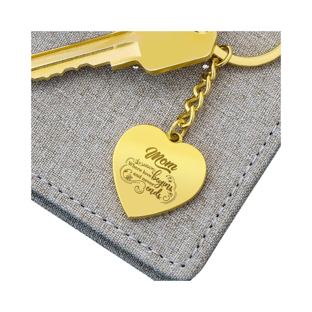 Engraved Heart Keychain - Mom Where Love Begins