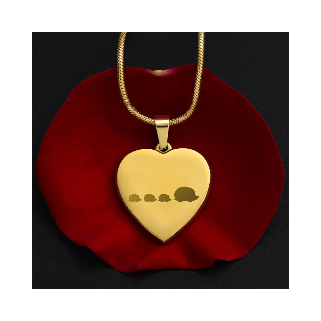 Engraved Heart Necklace - Mama Hedgehog With 3 Hoglets
