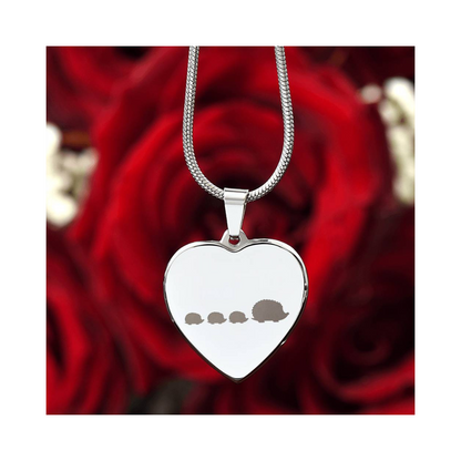Engraved Heart Necklace - Mama Hedgehog With 3 Hoglets