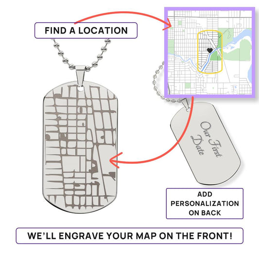Celebrate life’s most special locations with this stunning Engraved Dog Tag Map Necklace. Whether it’s the place where you first met, said “I do,” or found your forever home, this unique keepsake makes for a perfect gift for any occasion.&nbsp;