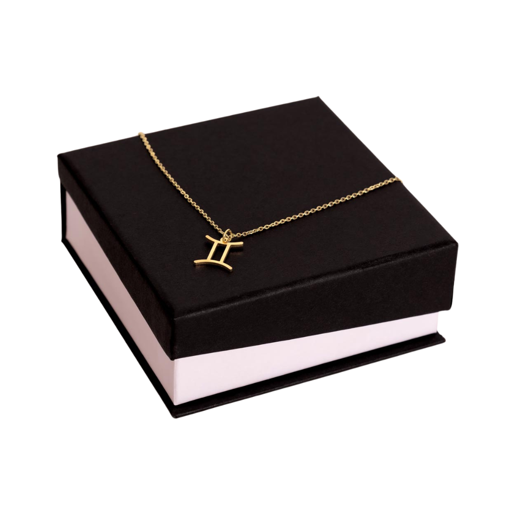 Gemini Zodiac Name Necklace. Handcrafted with care, this piece is made from durable stainless steel and optionally dipped in 18k yellow gold and features her unique astrological sign.