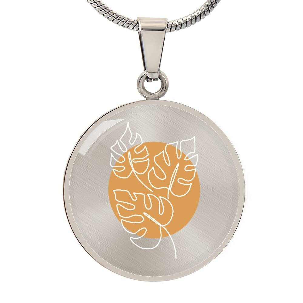 Graphic Circle Pendant + Necklace - Monstera Leaves