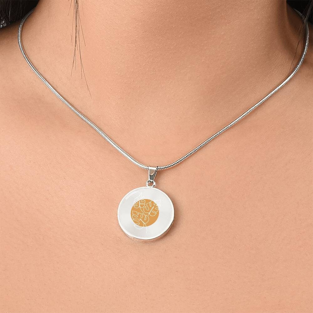Graphic Circle Pendant + Necklace - Monstera Leaves
