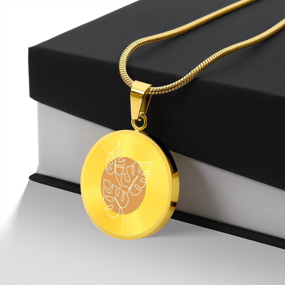 Graphic Circle Pendant + Necklace - Monstera Leaves