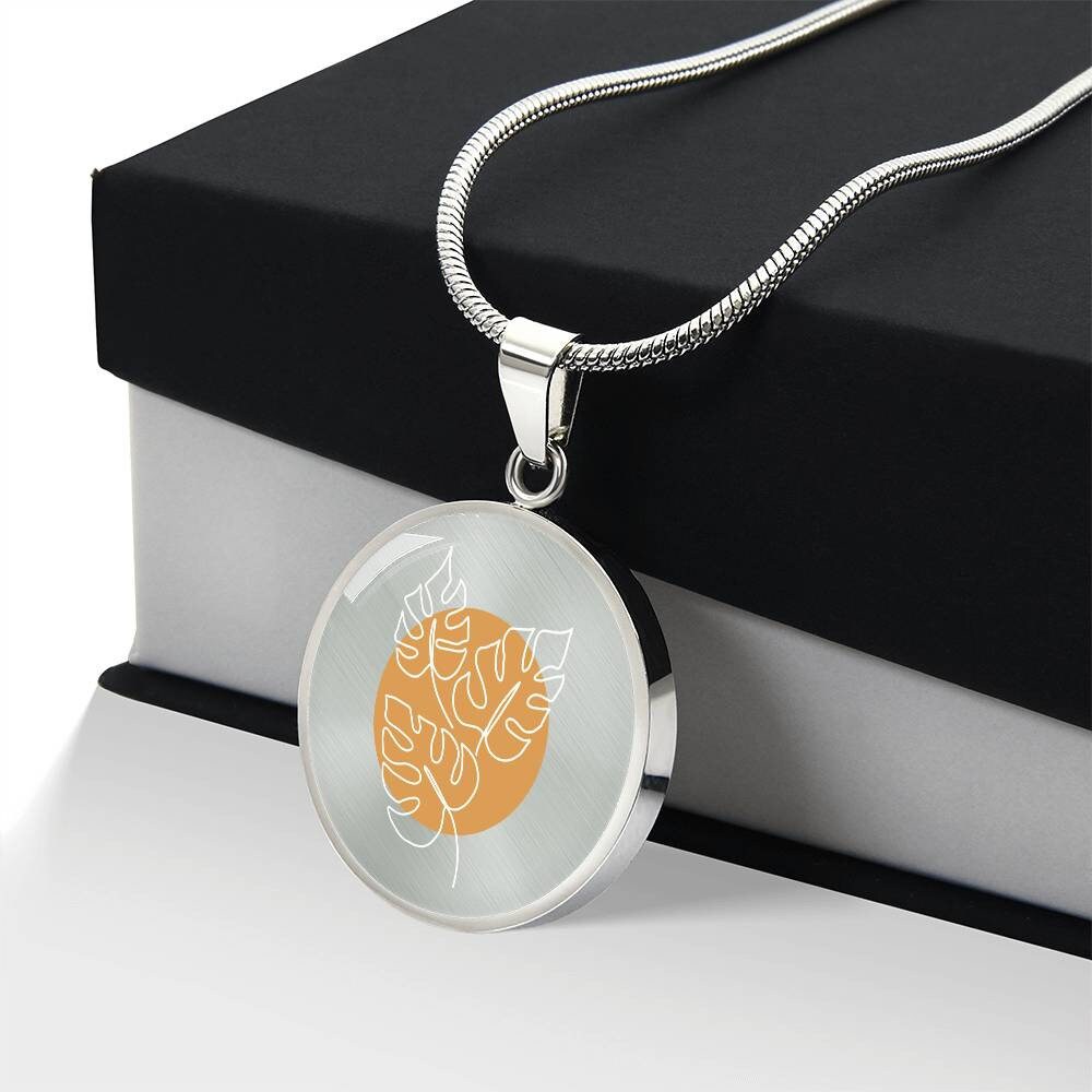 Graphic Circle Pendant + Necklace - Monstera Leaves