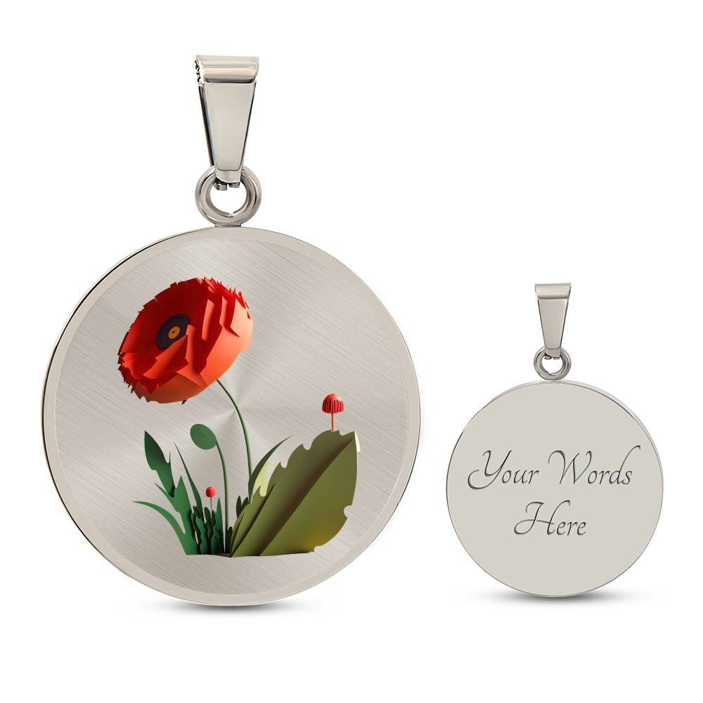 Graphic Circle Pendant + Necklace - Red Poppy Flower