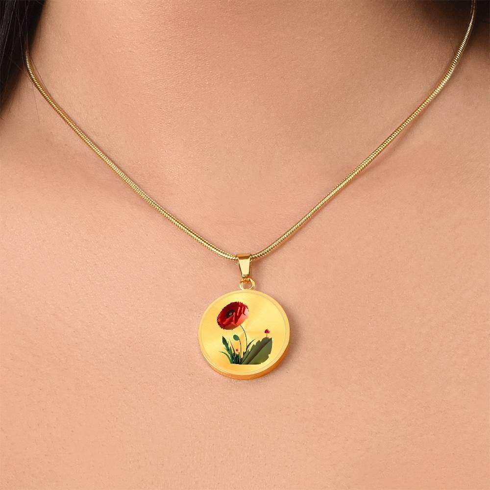 Graphic Circle Pendant + Necklace - Red Poppy Flower
