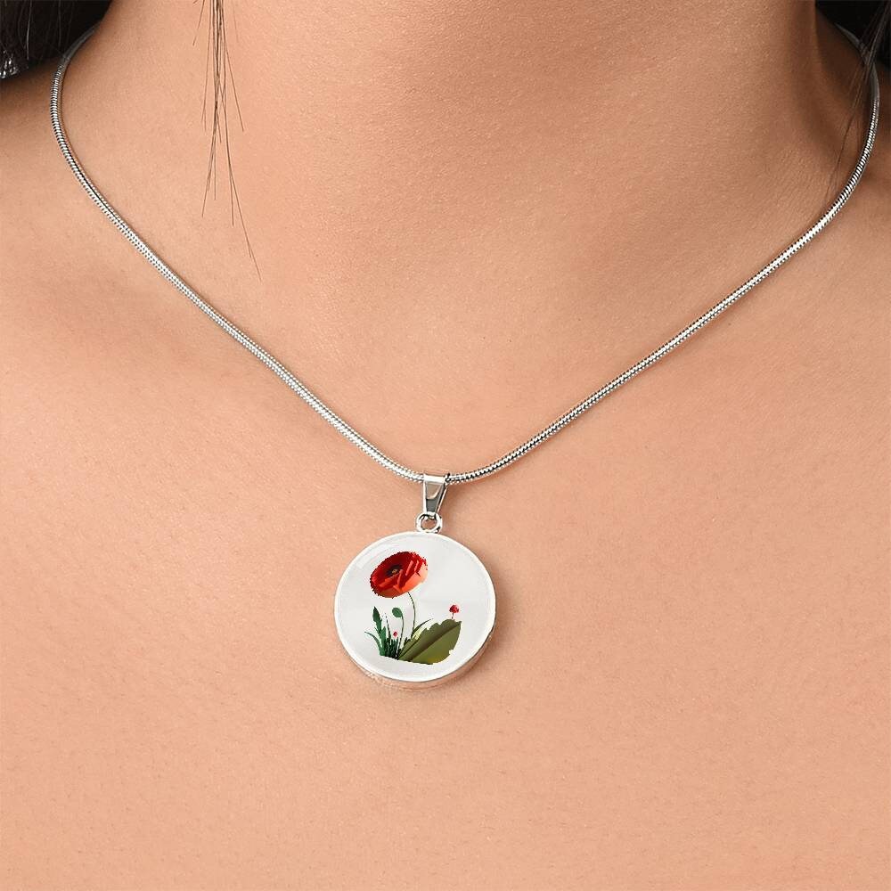 Graphic Circle Pendant + Necklace - Red Poppy Flower