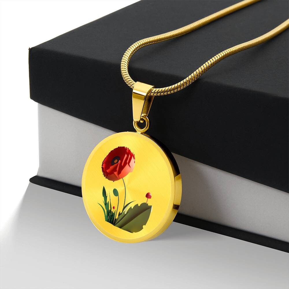 Graphic Circle Pendant + Necklace - Red Poppy Flower
