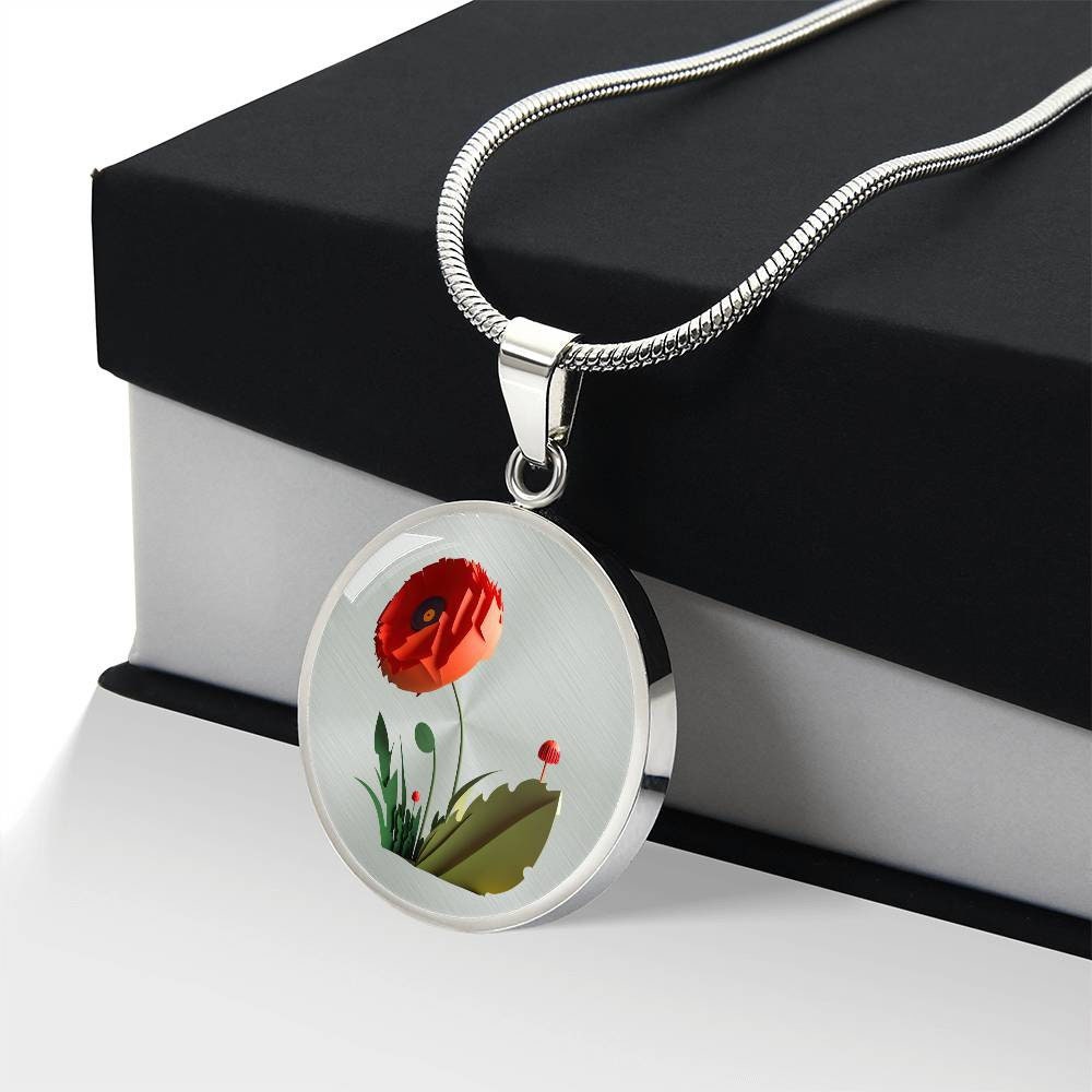 Graphic Circle Pendant + Necklace - Red Poppy Flower