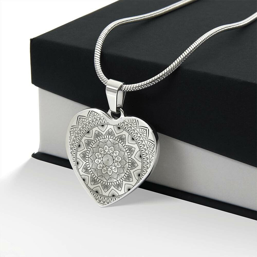Graphic Heart Pendant + Necklace - Abstract Mandala
