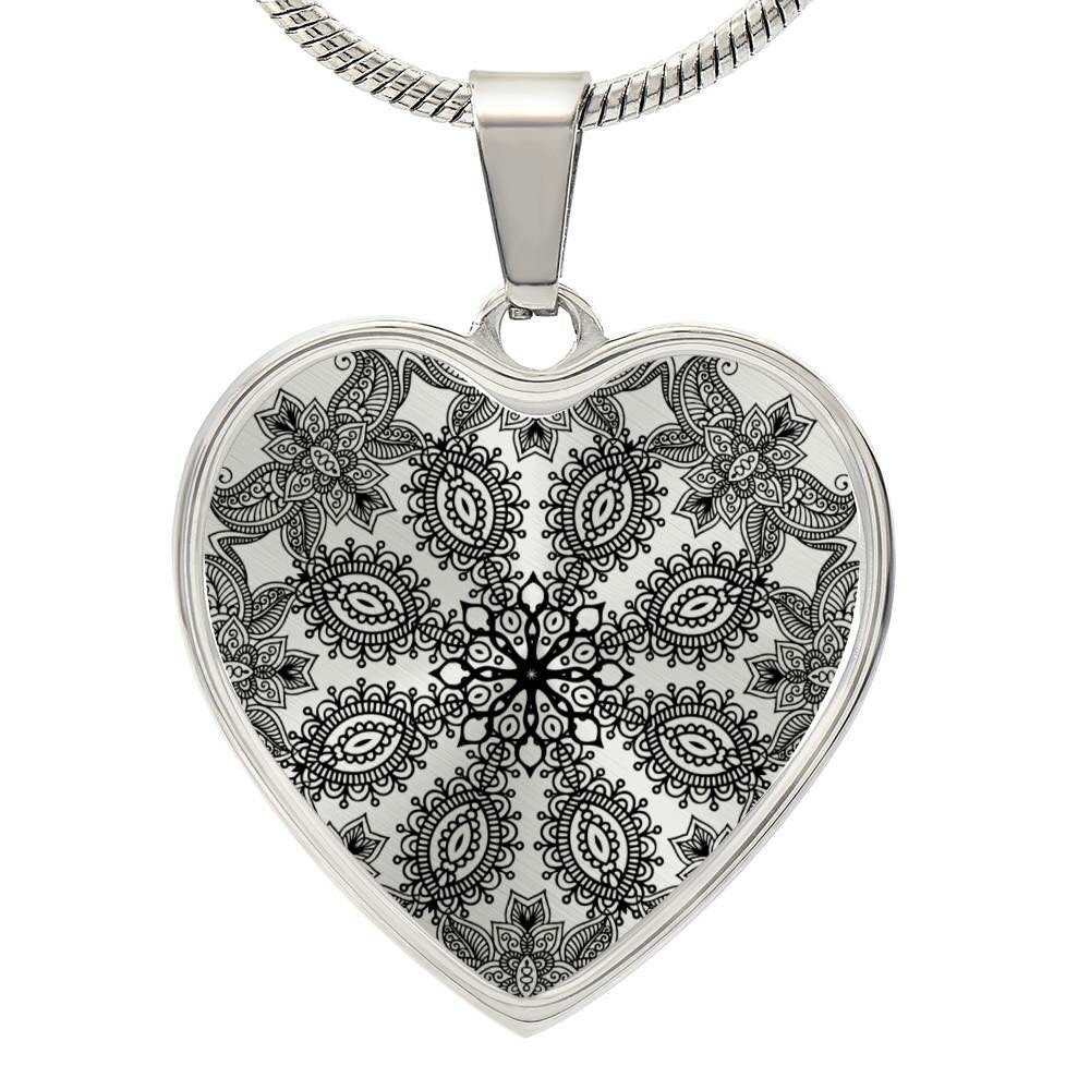 Graphic Heart Pendant + Necklace - Floral Henna Mandala