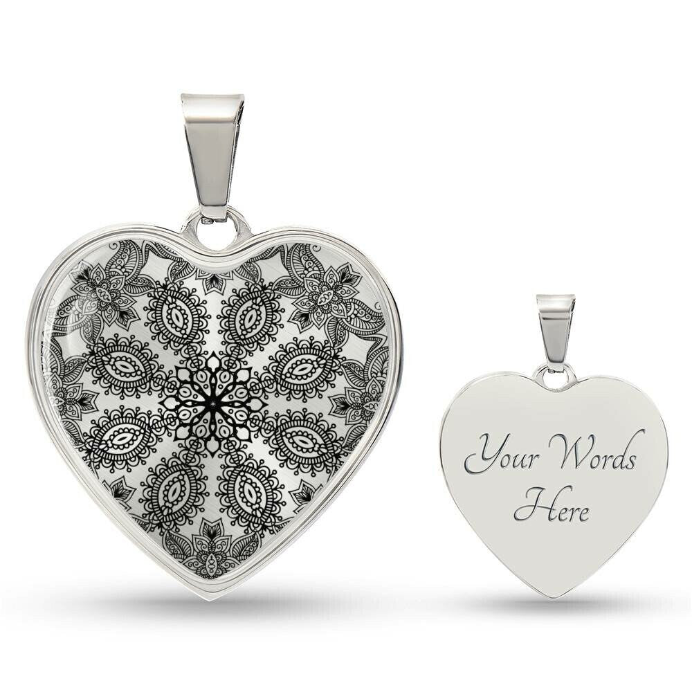 Graphic Heart Pendant + Necklace - Floral Henna Mandala