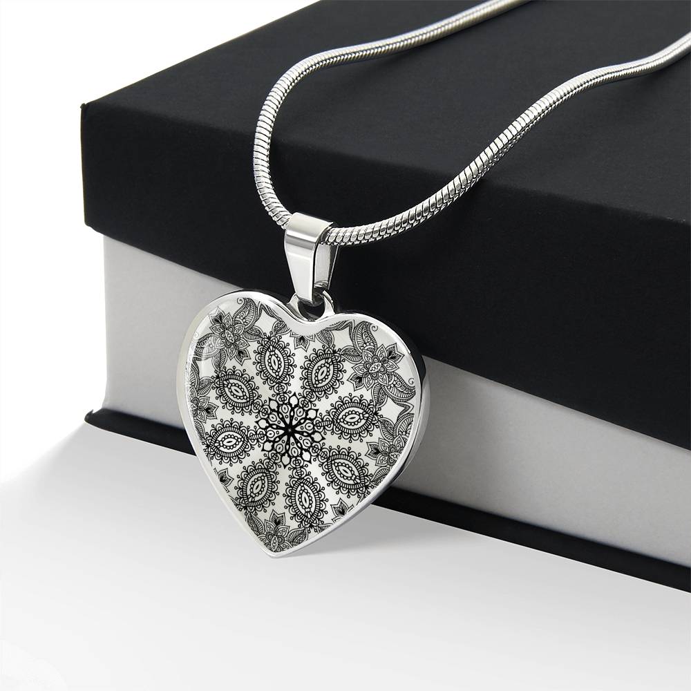 Graphic Heart Pendant + Necklace - Floral Henna Mandala
